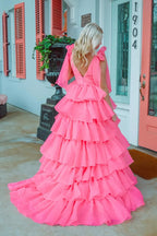 Princess A-Line V-Neck Fuchsia Prom Dress Party Dress With Slit PSK649