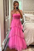 Robe de bal princesse évasée rose vif à volants superposés en tulle longue robe de soirée PSK312