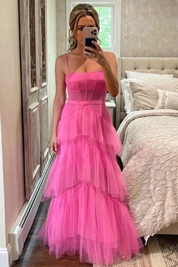 Vestido de festa comprido princesa em tule, corte A, rosa choque, em camadas, PSK312