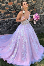 Vestido de festa princesa com corte A e alças finas, cor lavanda, com aplicações PSK246