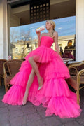 Princesse Ligne A Haute Basse Sans Bretelles Rose Tulle Longue Robe de Bal PSK343