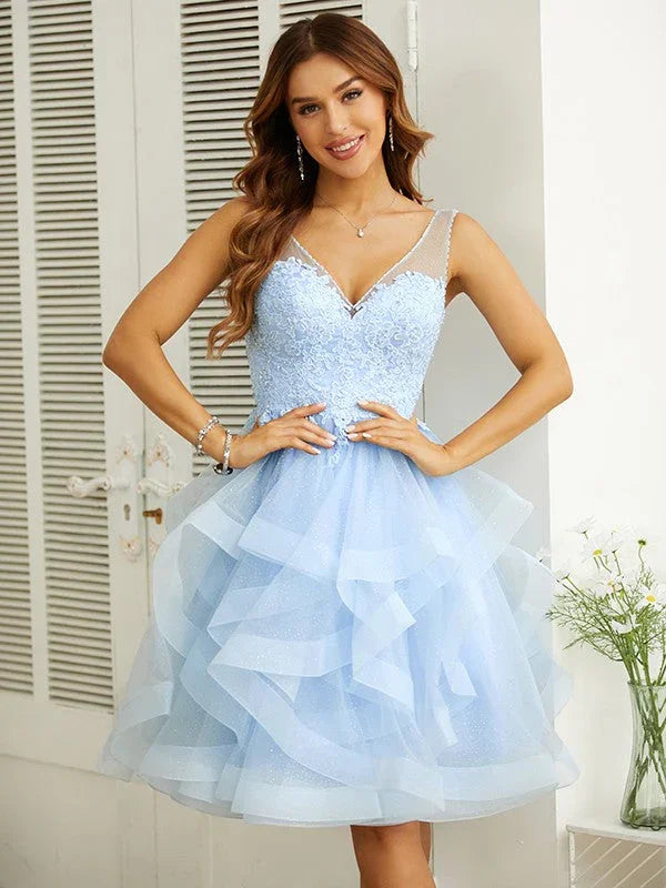Vestido Aplicado en Cuello en V hasta la Rodilla SYH58