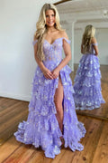 Vestido de festa princesa com camadas de renda e folhos em roxo PSK517