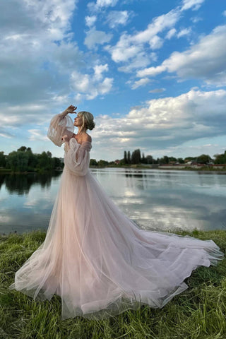 Prinzessin Off The Shoulder Puffärmel Rosa Langes Ballkleid PSK693