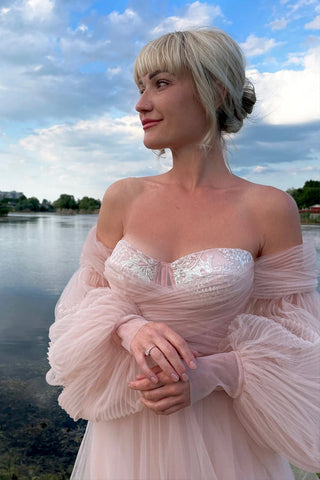 Prinzessin Off The Shoulder Puffärmel Rosa Langes Ballkleid PSK693