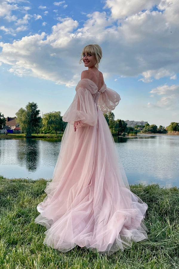 Princess Off The Shoulder Puff Sleeves Pink Long Prom Dress PSK693