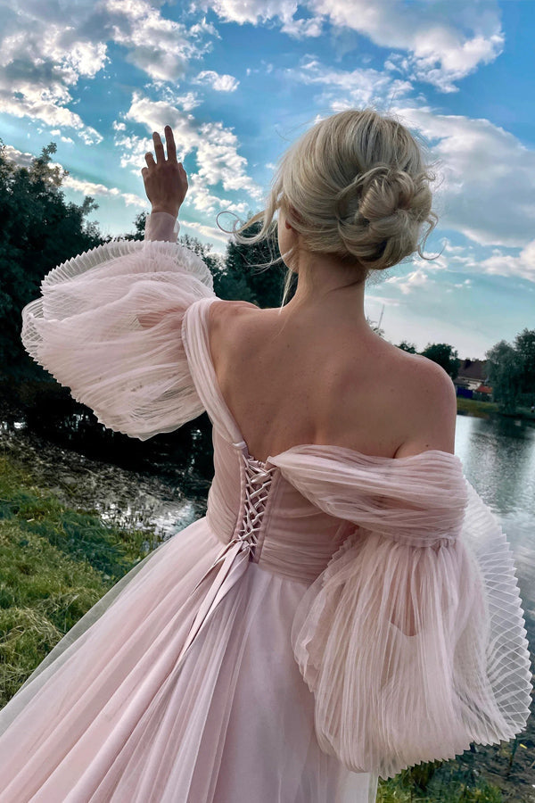 Princess Off The Shoulder Puff Sleeves Pink Long Prom Dress PSK693