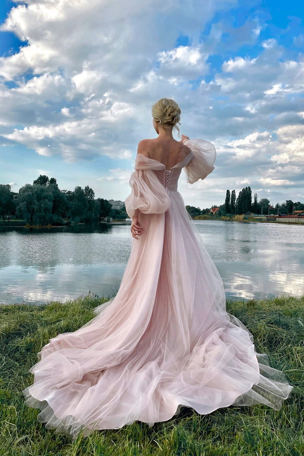 Princess Off The Shoulder Puff Sleeves Pink Long Prom Dress PSK693