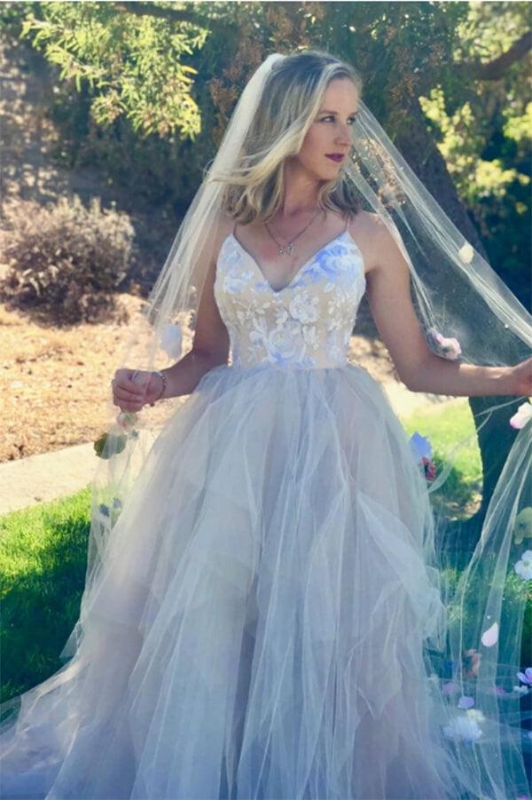 Vestito da sposa NumberSea Princess Pink Tulle con spalline sottili e scollo a V, abito nuziale, MW639