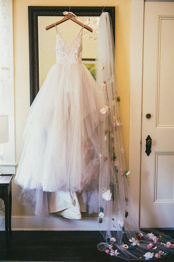Vestito da sposa NumberSea Princess Pink Tulle con spalline sottili e scollo a V, abito nuziale, MW639