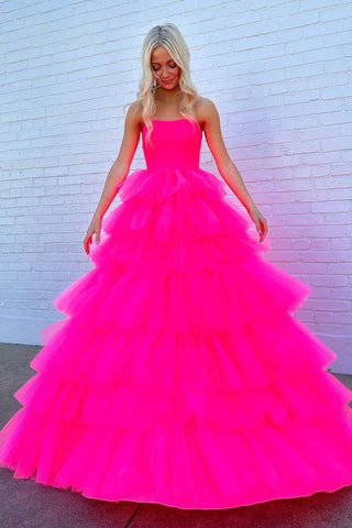 Prinzessin trägerloses, gestuftes Tüll-Ballkleid in Pink PSK603