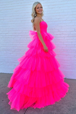 Prinzessin trägerloses, gestuftes Tüll-Ballkleid in Pink PSK603