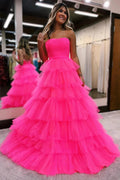 Vestido de festa comprido em tule rosa choque, sem alças, princesa, PSK603