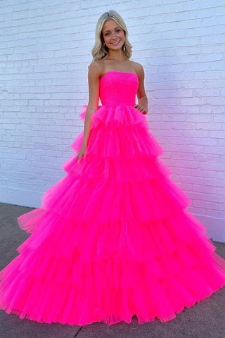 Prinzessin trägerloses, gestuftes Tüll-Ballkleid in Pink PSK603