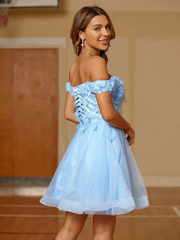 Vestido corto/mini de tul con aplicaciones y caído de hombros SYH59