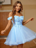 Robe courte/mini bustier asymétrique en tulle avec applications SYH59