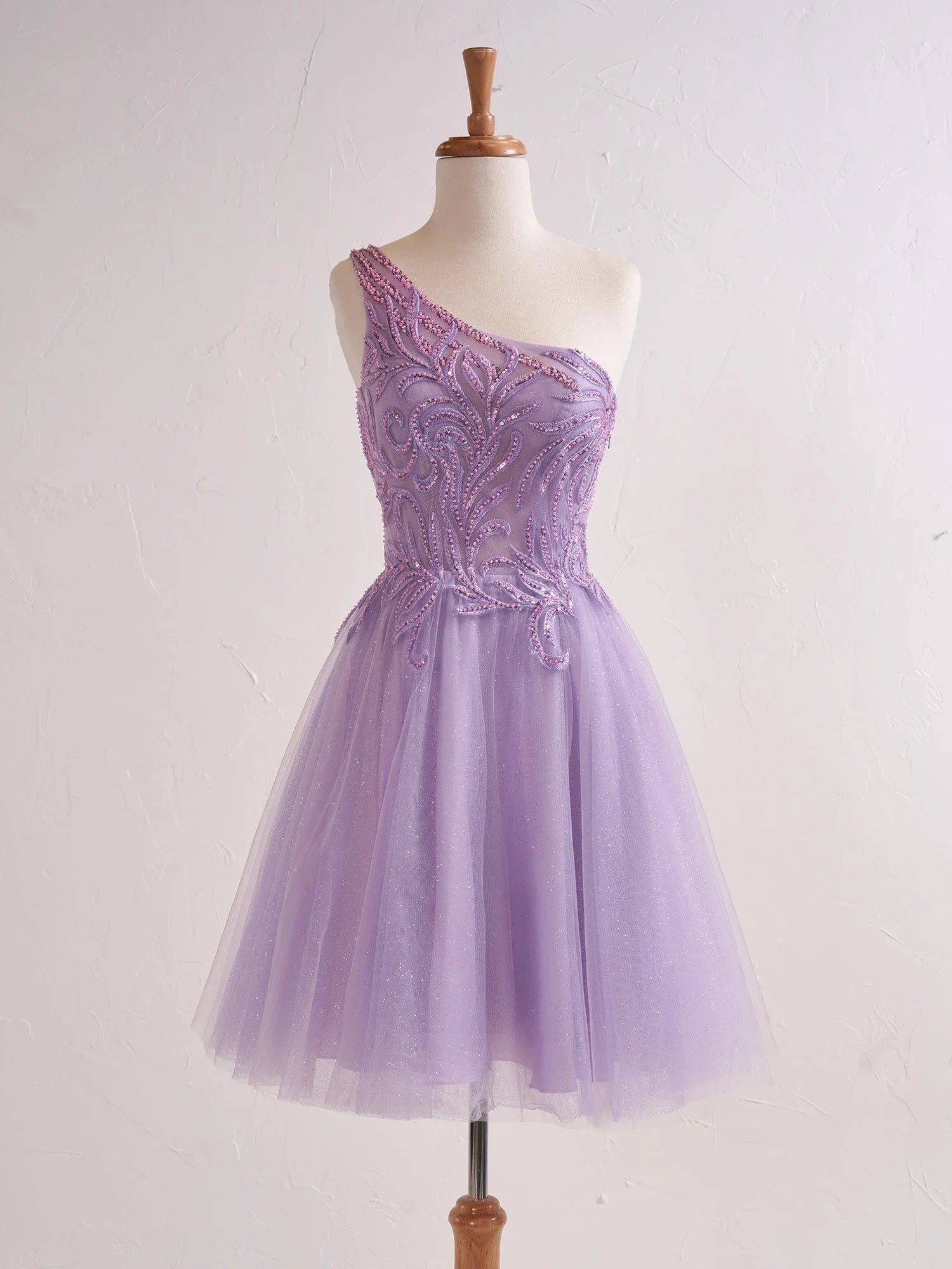 Einschulter-A-Linie Fliederfarbenes Kurzes Homecoming-Kleid mit Applikationen