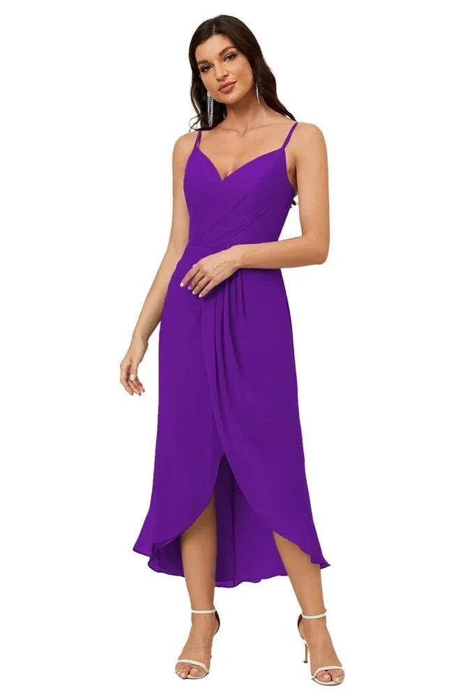 Numbersea Spaghetti-Träger Chiffon V-Ausschnitt Brautjungfernkleid Mittellanger Schlitz Formelles Abschlussballkleid Homecoming-Kleid 2803
