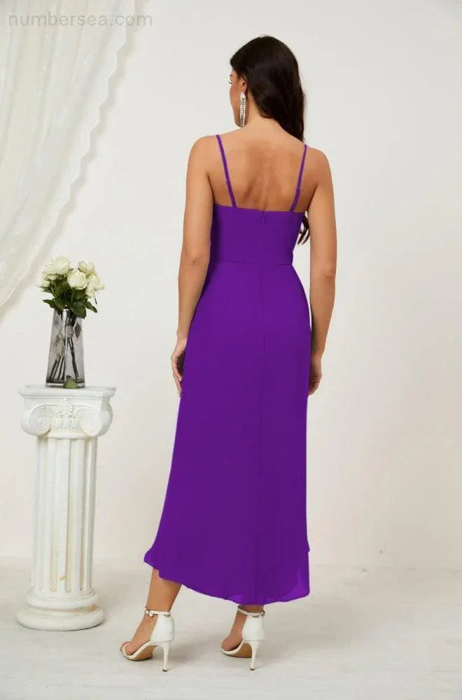 Vestido de Dama de Honor de Chifón Spaghetti con Escote en V y Abertura al Frente de Longitud Media para Fiesta Formal, Baile de Graduación y Regreso a Casa 2803