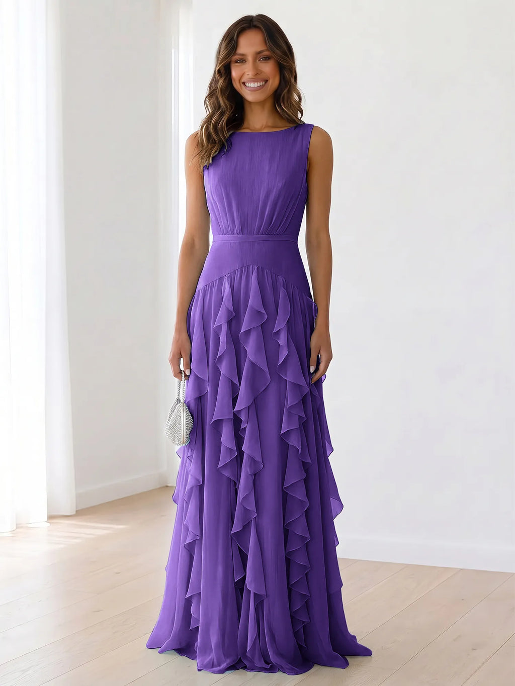 Sleeveless Tiered Chiffon Maxi Evening Gown with Ruched Bodice