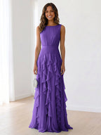 Sleeveless Tiered Chiffon Maxi Evening Gown with Ruched Bodice