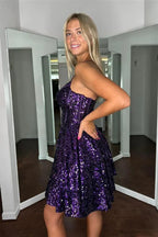 Spaghettiträger Homecoming-Kleid Kurzes Lila Promkleid SYH95