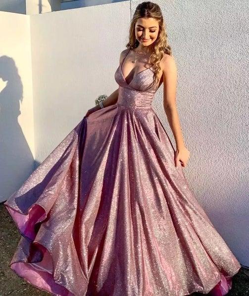 Vestido de festa roxo de alças finas e sem mangas, com bolsos, PSK042