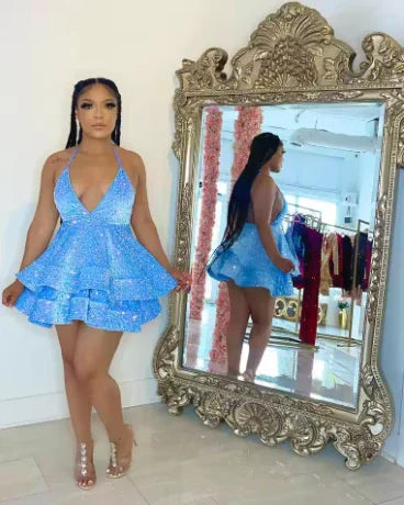 Vestido corto de cóctel negro sexy y brillante con espalda abierta y capas de lentejuelas para graduación, fiestas y noche, Vestido de regreso a casa negro Y1504