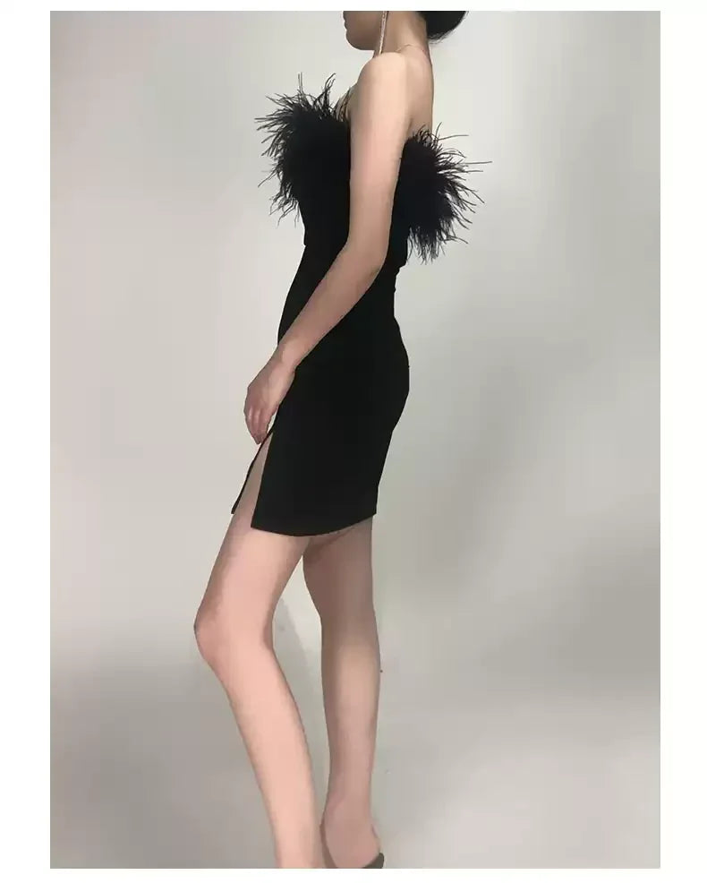 Vestido de Senhora Pluma Decote Ombros de Fora Bandagem Fendas Laterais Festa Cocktail Bodycon Preto Curto Baile de Finalistas Y1356