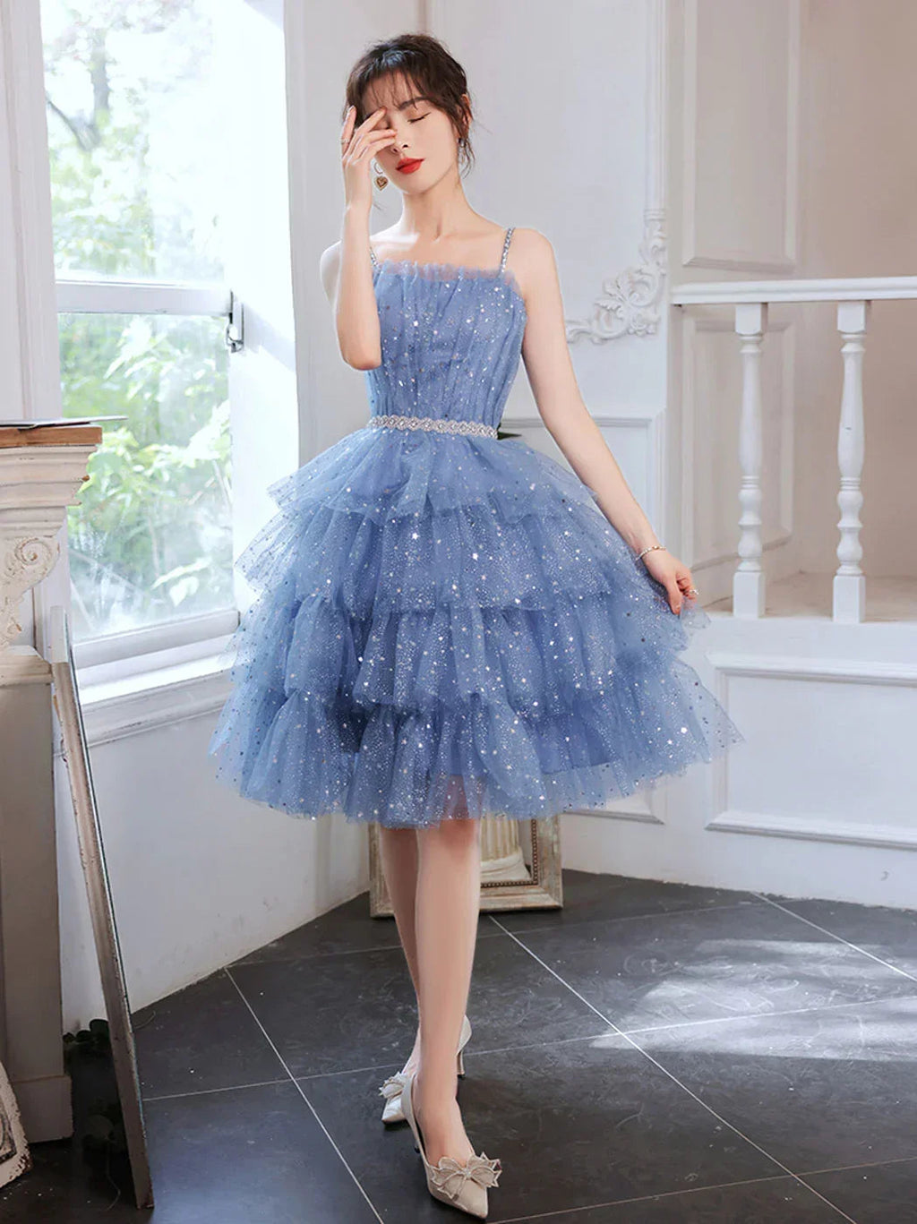 Vestido Corto Azul Hinchado de Tul para Promoción, Vestido Corto Azul Hinchado para el Baile de Regreso a Casa Y2620