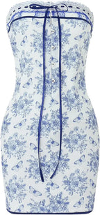 Corsé Azul Floral sin Tirantes con Flores y Mariposas Vestido Corto para Baile de Regreso a Casa Y2664