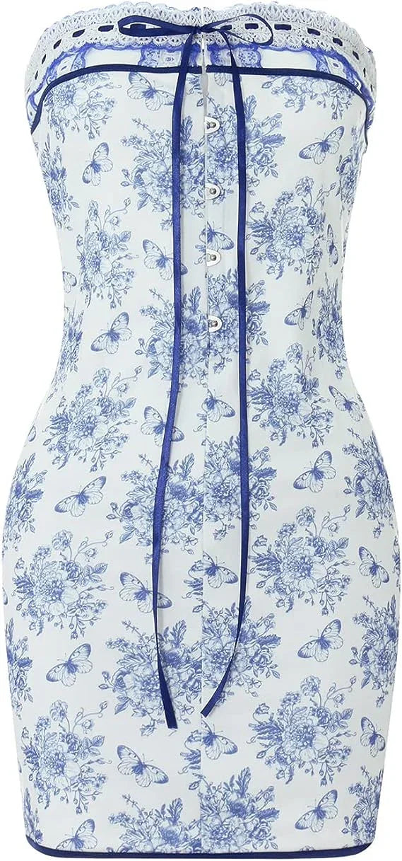 Blaues Blumenkorsett Trägerlos Blumen und Schmetterlinge Mini-Homecoming-Kleid Y2664