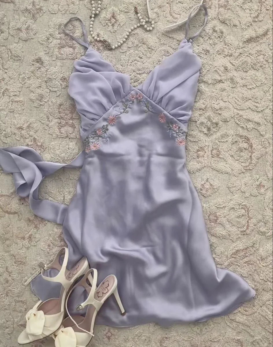 Vestido de Baile Morado Claro con Escote en V Vestido Sexy para Fiesta Y2971