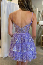Vestido de Tafetán de Capas Múltiples con Lentejuelas y Tirantes Lavanda para el Baile de Regreso a Casa Y2832