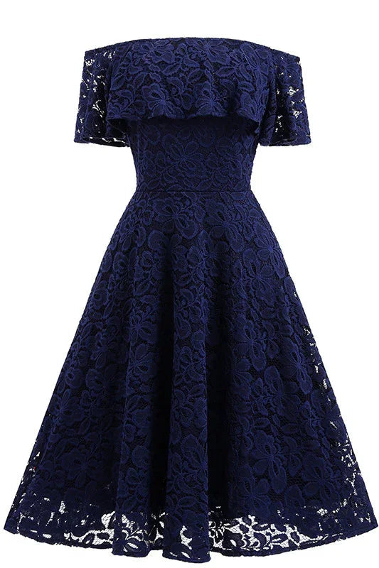 Vestido de Baile de Regreso a Casa en Línea A de Encaje Azul Marino Oscuro Y1160