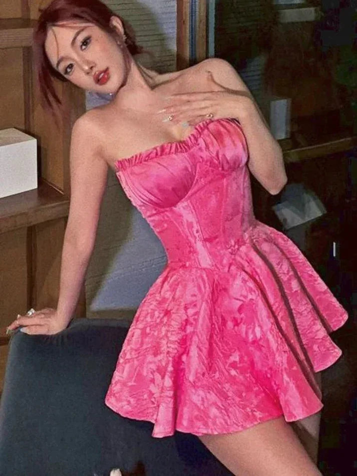 Robe de bal court sans bretelles rose doux ligne A Y7753
