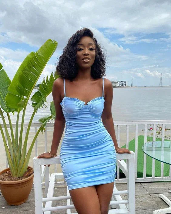 Vestido de Regreso a Casa para Mujer con Tirantes Espagueti Azul, Vestido Corto Y2204