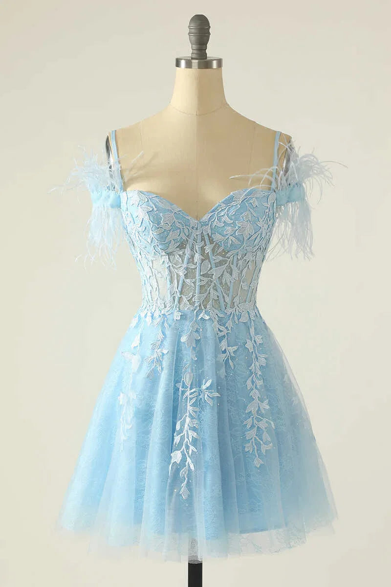 Hellblaue Applikations Cold-Shoulder A-Line Kurzes Homecoming-Kleid Y2672