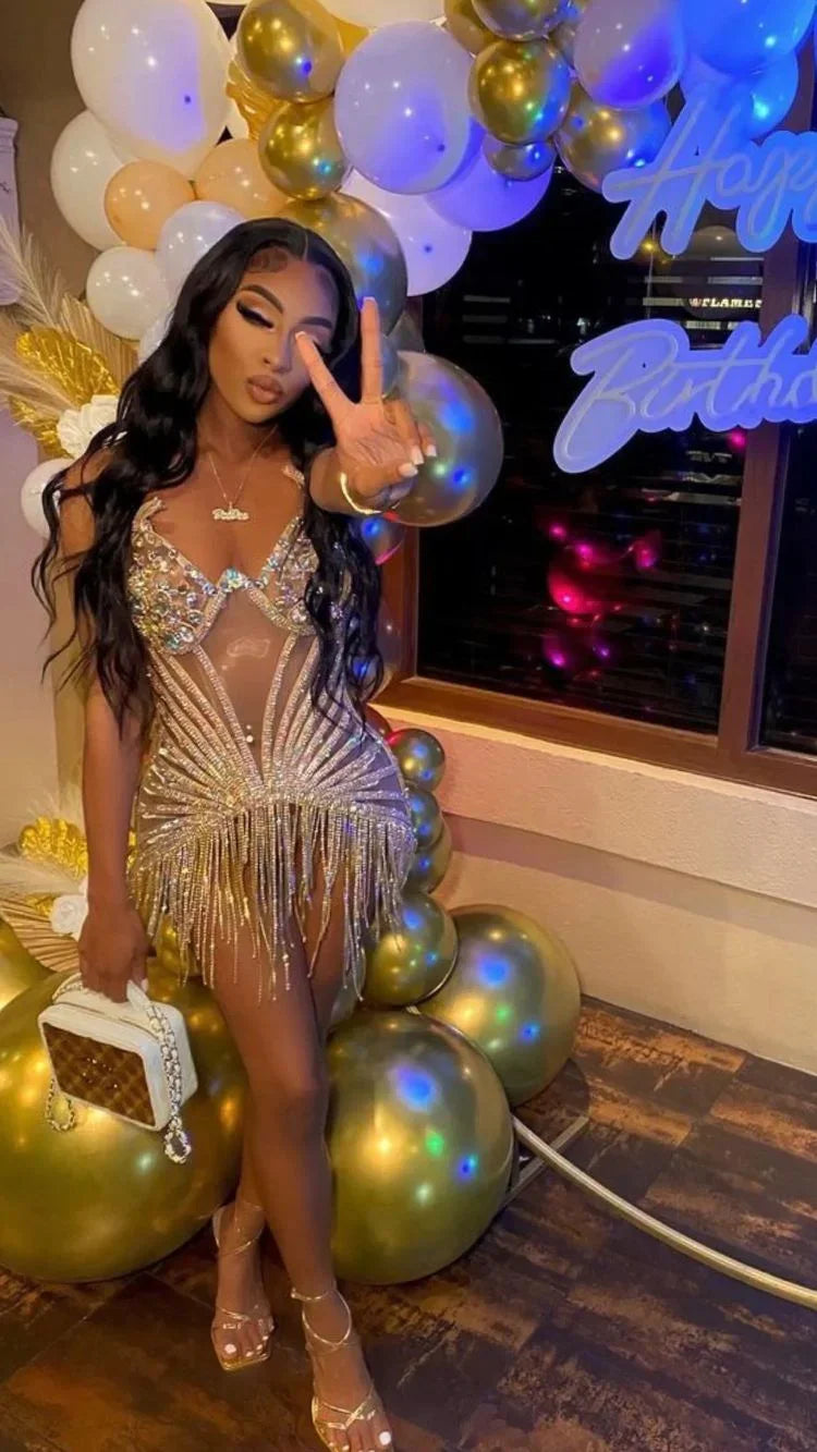 Vestido Brillante para Fiesta de 22º Cumpleaños Vestido Sexy para Baile de Regreso con Borlas Y2329