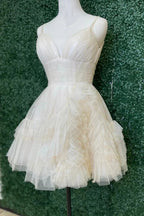 Elfenbeinfarbenes Homecoming-Kleid in A-Linie mit Trägern, kurzen Rüschen und kurzem Saum Y2778