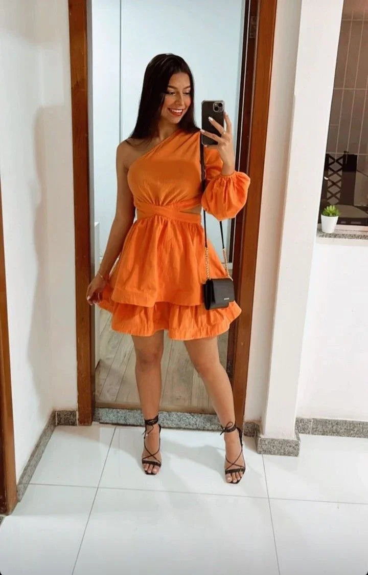 Vestido de Fiesta de Línea A con Manga Única Naranja Y2771