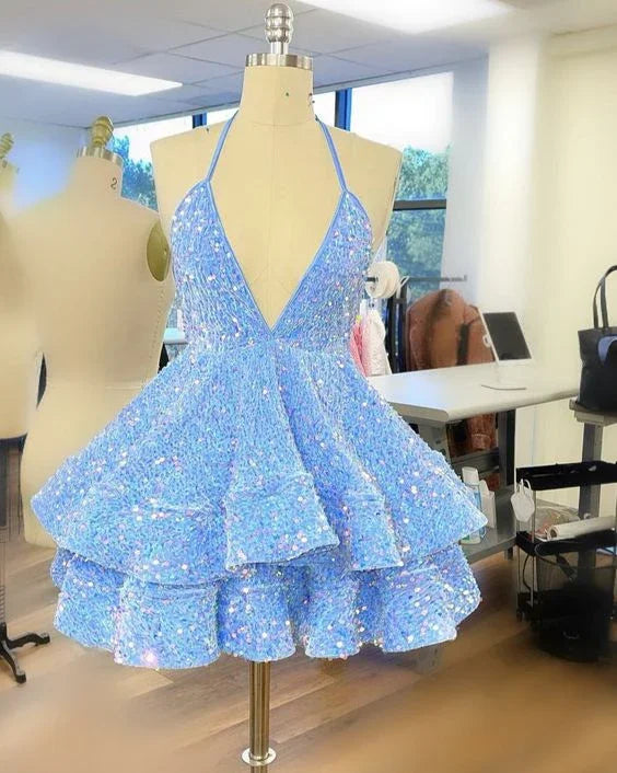 Vestido Corto de Fiesta con Lentejuelas Azules Vestido para el Baile de Bienvenida Y1408