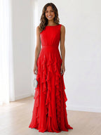 Sleeveless Tiered Chiffon Maxi Evening Gown with Ruched Bodice
