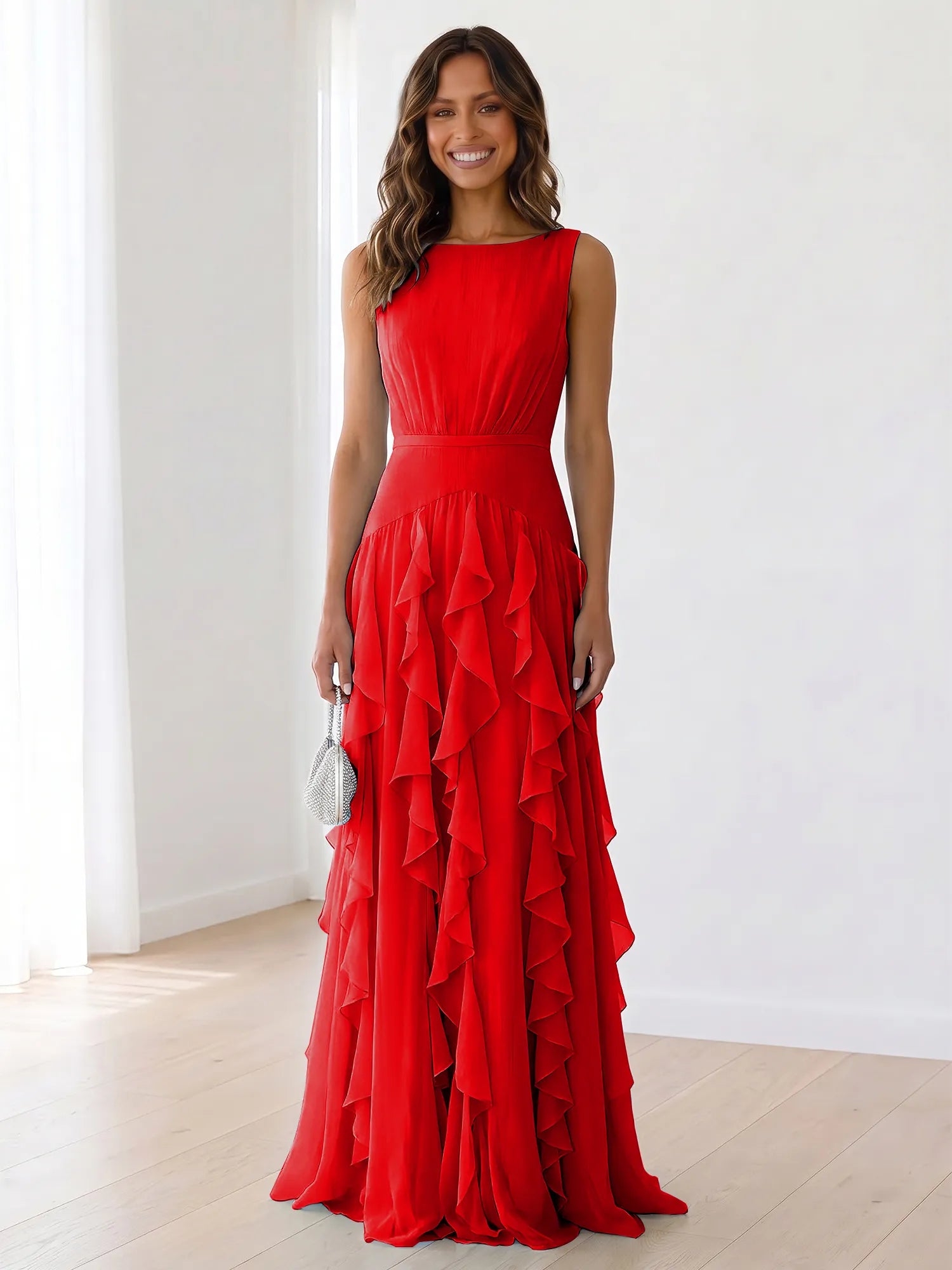 Sleeveless Tiered Chiffon Maxi Evening Gown with Ruched Bodice