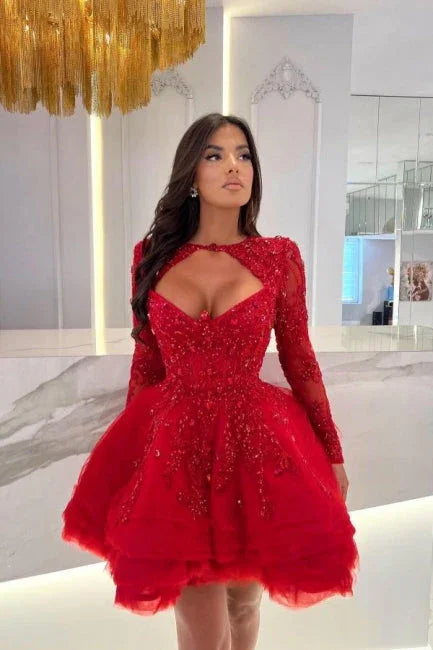 Rotes Mini-A-Linien-Kleid mit langen Ärmeln, Rüschen und Applikationen für den Abschlussball