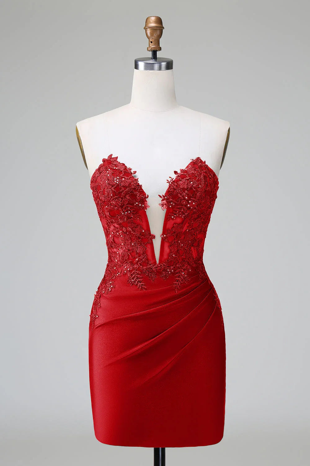 Elegantes dunkelgrünes figurbetontes trägerloses Plisseé-Kurzfestkleid mit Perlenstickerei