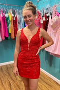 Red Appliques Scollatura a V Plunging Lacci Abito da Homecoming PD465