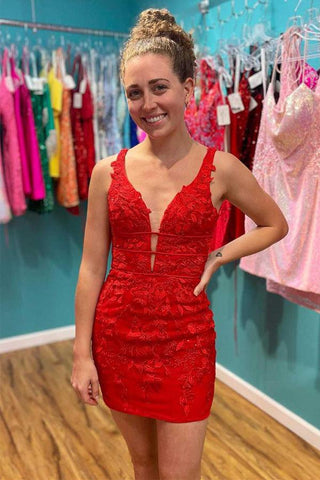 Rotes Homecoming-Kleid mit tiefem V-Ausschnitt und Schnürung und Applikationen, PD465