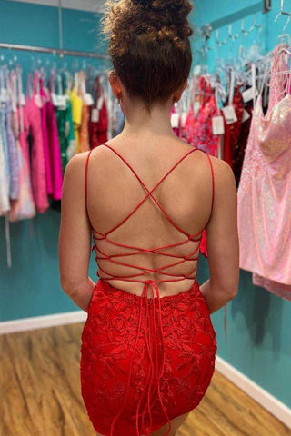 Rotes Homecoming-Kleid mit tiefem V-Ausschnitt und Schnürung und Applikationen, PD465