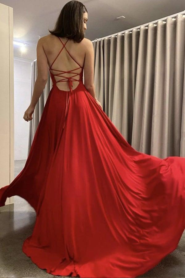 Vestido de festa comprido em chiffon vermelho com alças finas e corte A PSK247